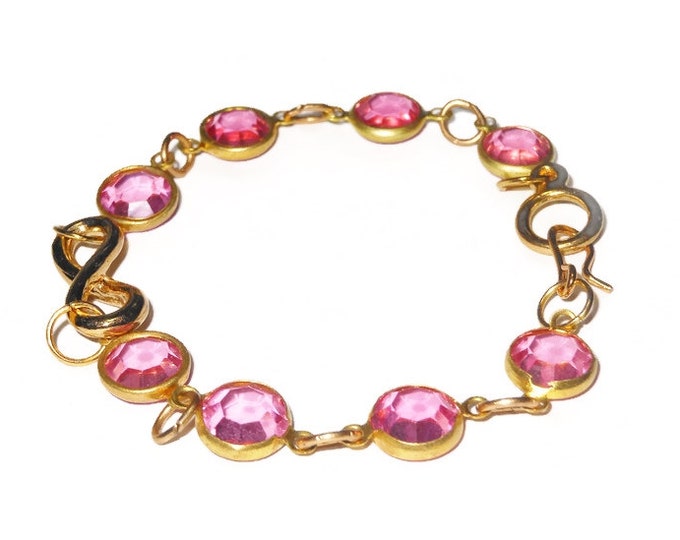 Infinity Swarovski crystal bracelet, pink crystal bracelet, faceted crystals link bracelet with infinity focal, easy hook latch, gold tone
