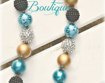 Teal and Gold with Antique Bronze and Copper Chunky Bead Necklace