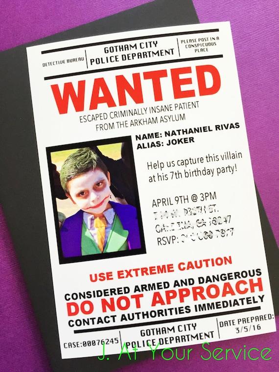 Joker Villain Wanted Poster Invitation PRINTABLE by J. At Your Service