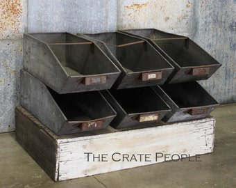 Vintage Industrial Parts BINS | Industrial Zinc Bins | Stackable Bins -- Factory Parts Bin