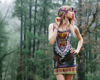 Short Day Tripper Hoodie Dress, Pachamama Brown, Festival Clothing, Hippie, Tribal, Burning Man, Mini Dress