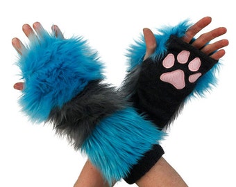 Pawstar Striped Cheshire Cat Stripey Stripe Kitty PAW WARMERS embroidered paws Costume warm goth Pink Purple Gray Teal Alice Wonderland 3150