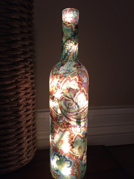Wine Bottle Light Teal Bottle Decoupage Bottle Light