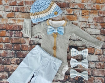 Newborn Baby Boy Coming Home Outfit Set. Cardigan Bodysuit, Bow Tie Bodysuit, Baby Blue Pants & Newsboy Hat. Baby Shower Gift. Gender Reveal