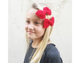RED KNIT BOWS, Hand Knit Red Bows, Matching Hair Bow Clips