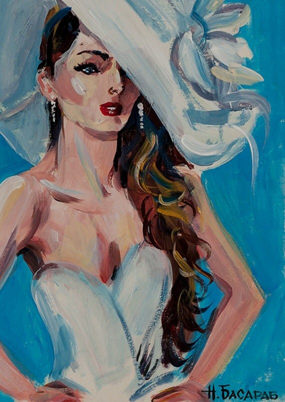Girl in hat. Original Women art. Acrylic painting by Nataly