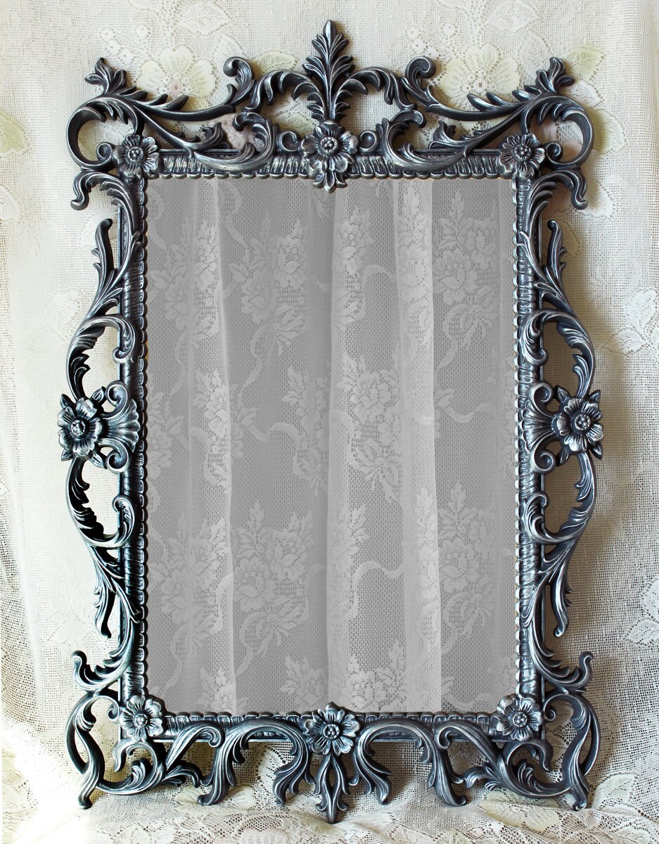 Ornate Vintage Wall Mirror Charcoal Gray with Metallic Silver