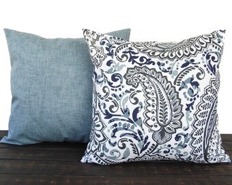 Pair of Throw Pillow covers, Pillow Covers, Cushion, Decorative Pillow, Vintage Indigo Blue White contemporary geometric modern decor