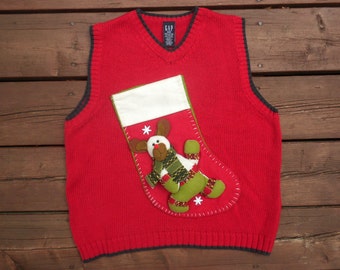 Children's Kids Ugly Christmas Sweater Red Vest Walking Bear Stocking Size Medium 10-12