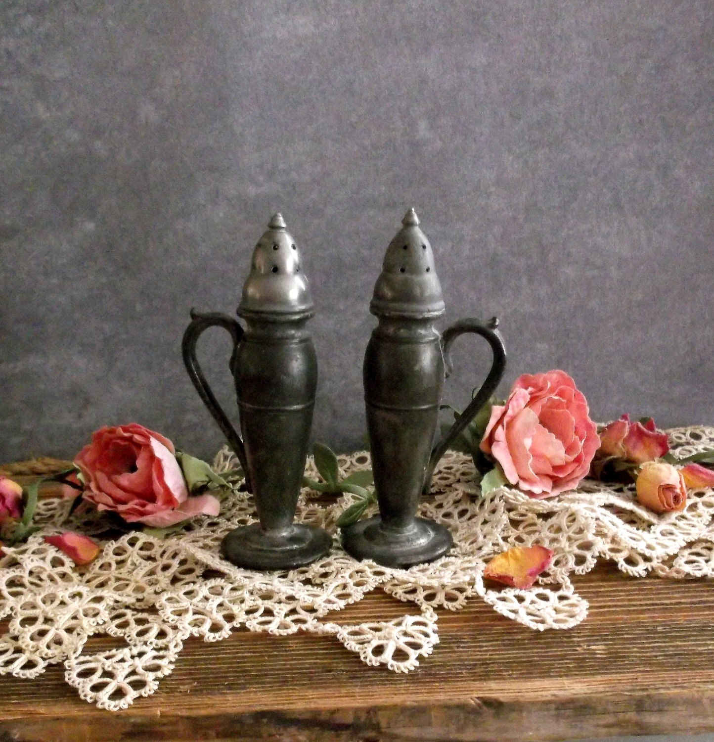 Vintage Pewter Salt and Pepper Shakers Antique Salt and