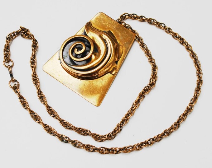 Copper Mid Century Modern Leaf Swirl Pendant and Copper chain Necklace