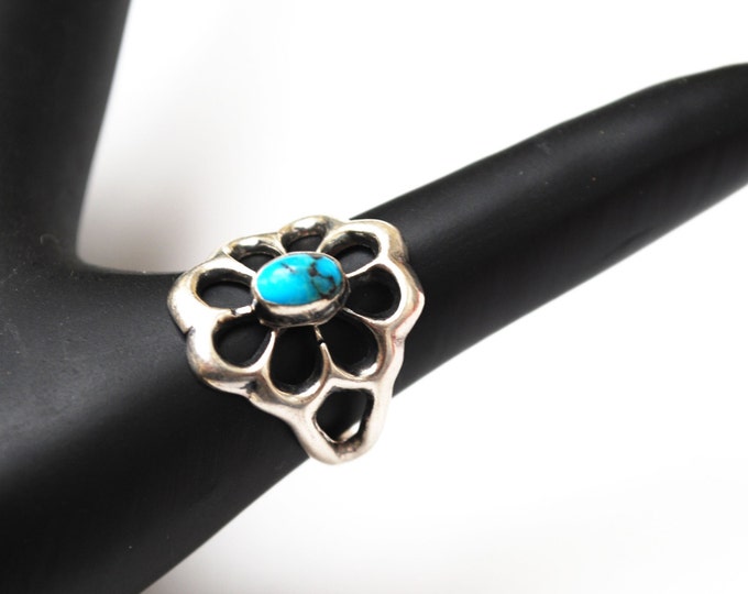 Sterling Turquoise Flower Ring - size 5 - Blue gemstone - old pawn - silver Floral ring