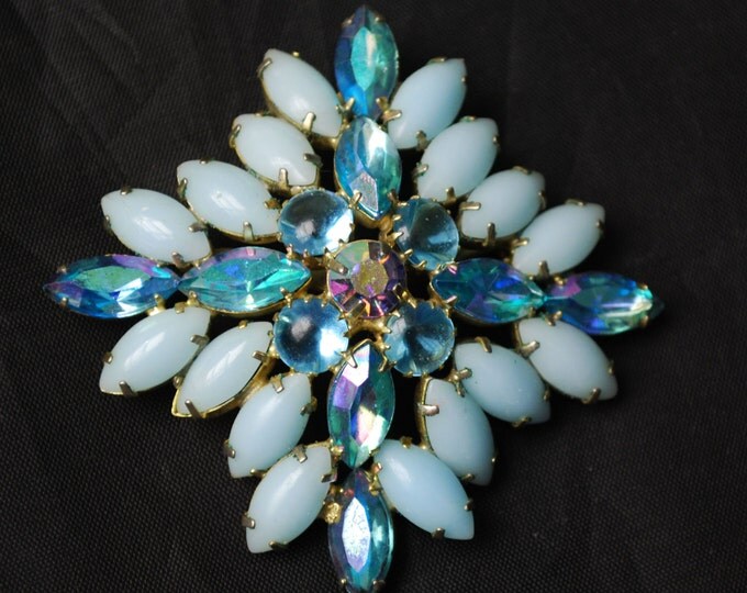 Blue Rhinestone Brooch - light blue glass - open back - Floral flower Pin - Aurora Borealis stones - slightly domed Mid Century