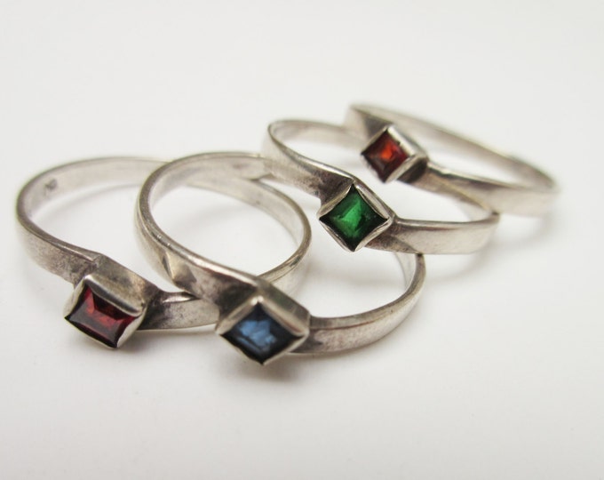 Sterling Stacking Rings - gemstone Red Ruby,garnet ,Ruby,Green Emerald and blue spinel - Boho ring size 9