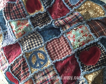 Boho rag quilt throw in plaid wovens, batiks, peace and heart appliques and distressed denim