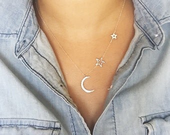 Crescent Moon and Stars necklace, Mother daughter necklace, Silver Moon Necklace, Star Jewelry, Gift for mom, I love you to the moon muse411