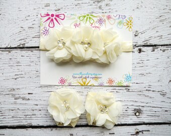 Baby Headband and Barefoot Sandals - Ivory Color - Baby Sandals - Ivory Baby Sandals - Photoprop/Birthday/Gift - Newborn to 2T