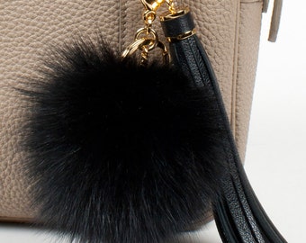 Black Fox fur pompom keychain with black leather tassel, handbag charm, bag charm, tassel keychain, pompom keychain - Black