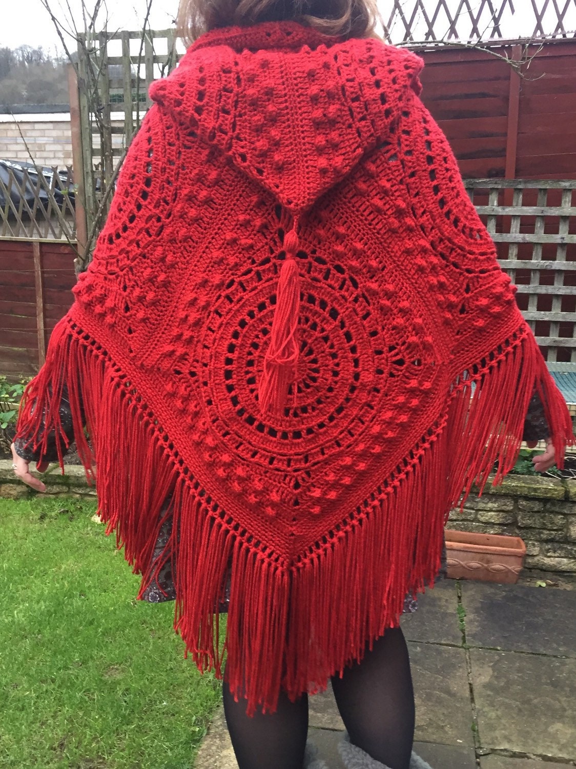 Handmade Crochet Hooded Poncho With Fringe And Tassel In 3159