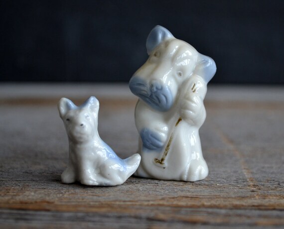 Vintage Blue and White Porcelain Dogs Two Terrier Dog