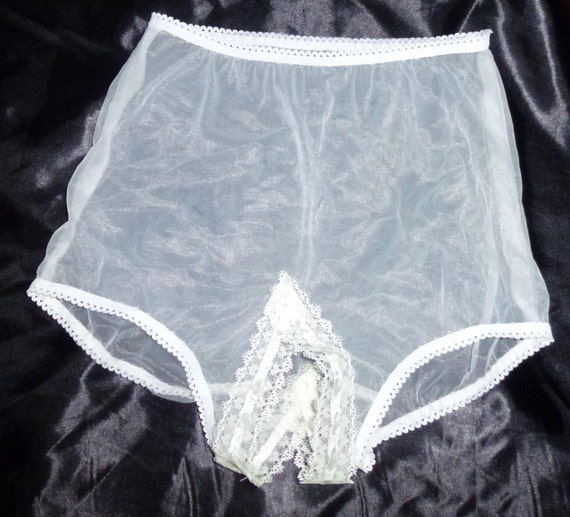 Lace and ribbon trimmed slit open crotch sheer nylon panties