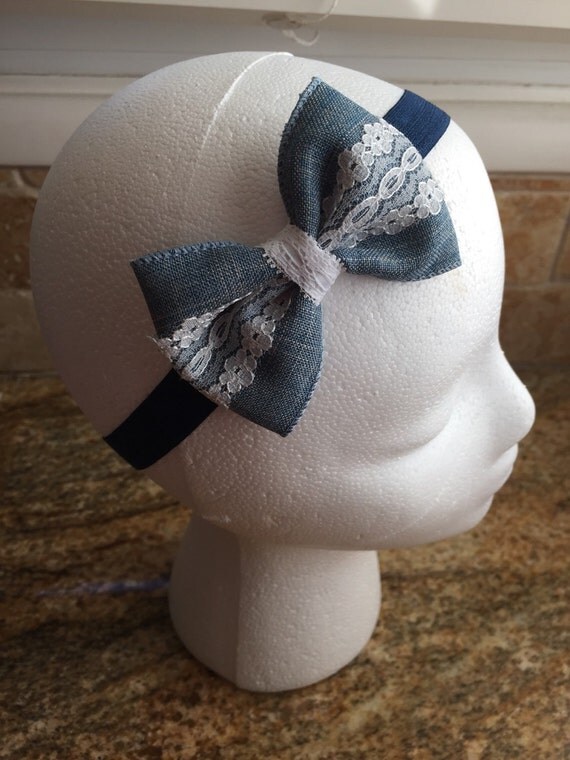 Light Blue Denim Hair Bow Headband or Hair Clip by MiShaMeDesigns