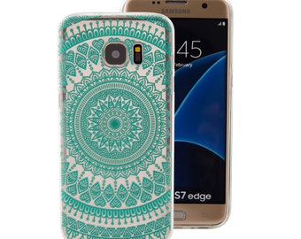 Samsung Galaxy S7 Edge Case, Mandala Tribe Clear TPU Bumper Crystal Series (One Piece) Hybrid Unique Designed Teal Green Flower Mandala