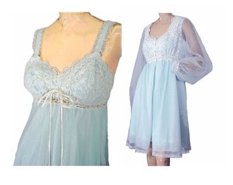Olga Nightgown Negligee Set Vintage 70s Gown and Robe Babydoll Nightie Peignoir Set Built in Bra Sleeping Pretty