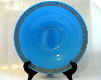French Blue Opaline Glass Console Bowl, Large with Gold Fleur-De-Lis Trim