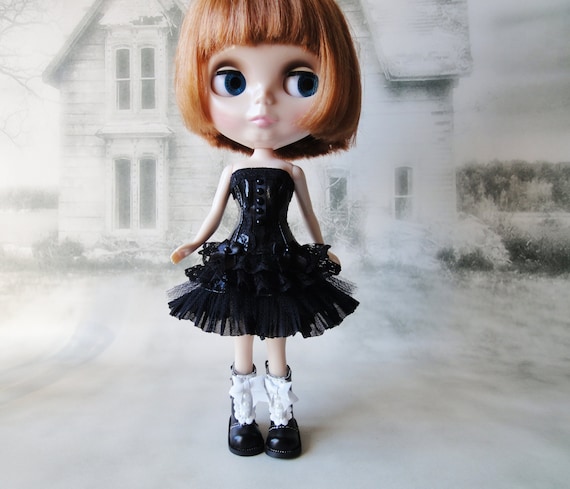 Gothic burlesque black short corset dress hand made fits Blythe doll by JonnaJonzon steampunk buy now online