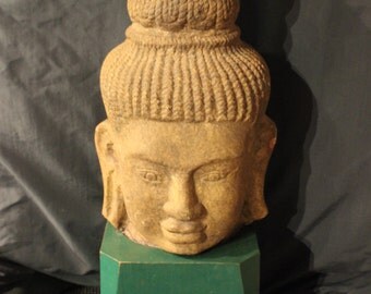 Khmer-Style Sandstone Buddha Head on Wooden Base