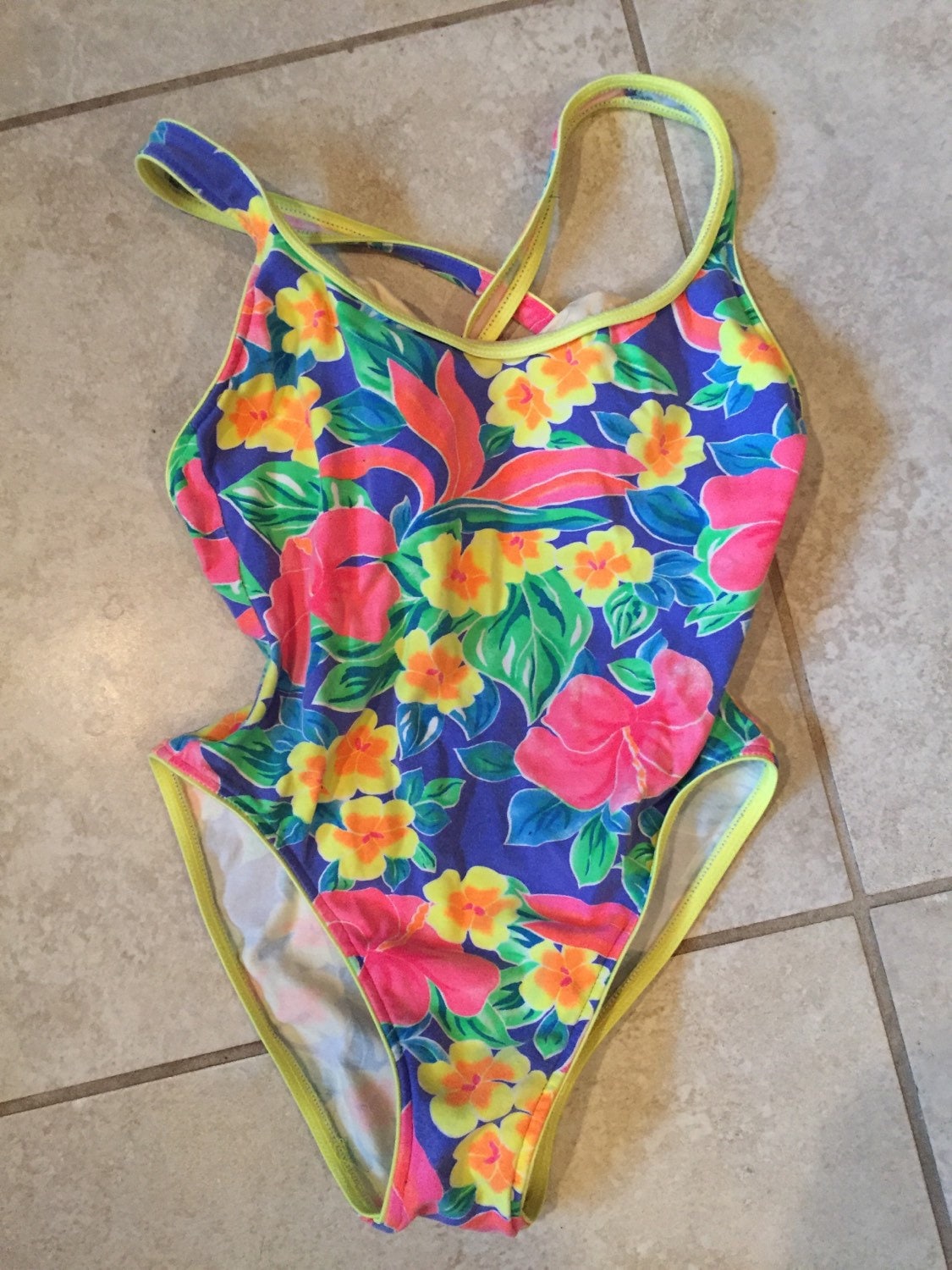 Vintage 90’s Neon Floral Cross Back Hi Cut Swim Suit Bathing Suit One ...