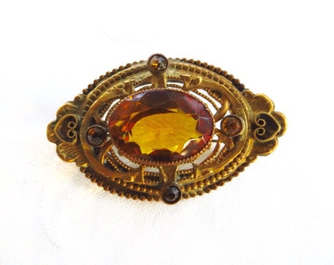 Art Nouveau Brooch, Amber Glass Pin, Filigree Detail, Vintage Jewelry