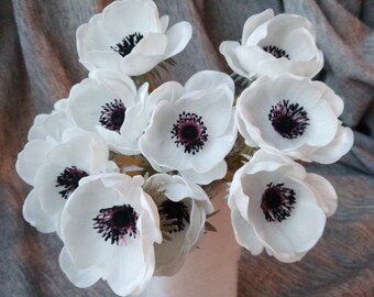 Real Touch White Anemones Flowers PU Artificial Anemones Wedding Flowers For Bouquet Table Centerpieces Natural PU Flowers