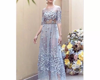 3D lace fabric with flowers, bridal lace fabric, blue lace fabric for haute couture dress, mesh lace fabric with 3D flowers