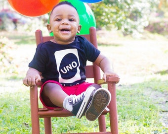UNO birthday party onesie black white wild about uno first birthday