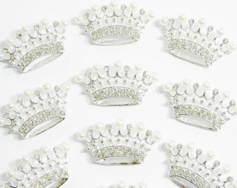 Small Tiara Silver Metal Rhinestone Faux Ivory Pearl Crown Embellishment Flatback Accessory DIY Hair Bow Headband Craft E37ne 1 Piece