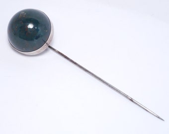 Victorian Silver & Domed Bloodstone Stick Hat Pin