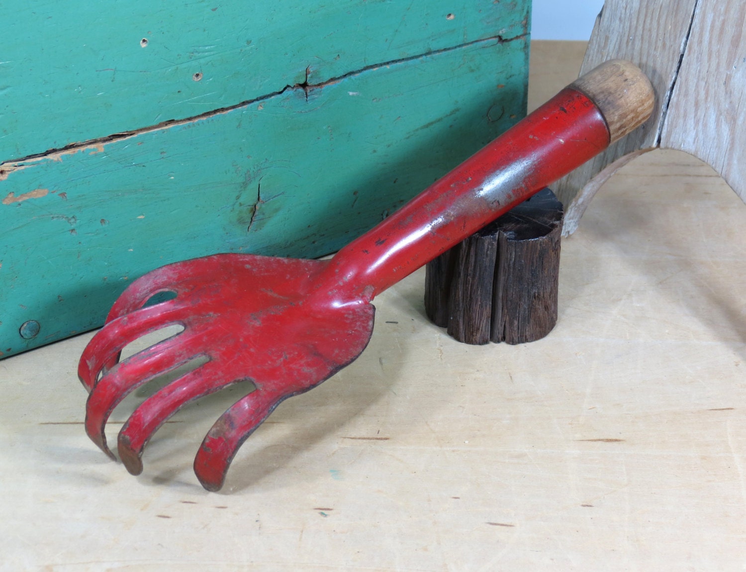 Old Garden Tool Bright Red . 1950s Hand Cultivator . Vintage