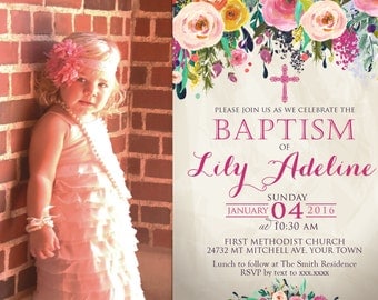 Floral Baptism Invitation. Flower Baptism Invitation, Great for any Baptism, Christening, Dedication ,First Communion. Girl Baptism- sfc