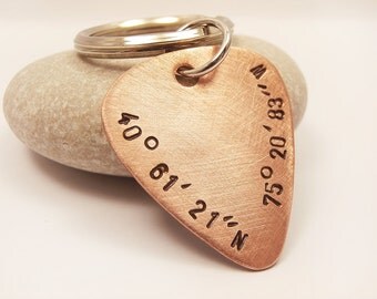Personalized Copper Keychain,Custom Guitar Pick Plectrum,Hand stamped GPS Coordinates Names Dates Initials,Wedding Men Father Groomsmen Gift