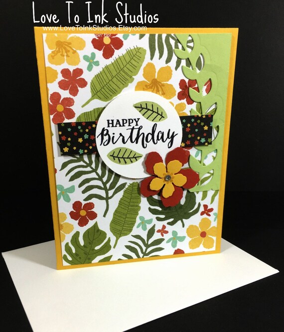 Birthday Greeting Card Botanical Leaves Flowers Bold