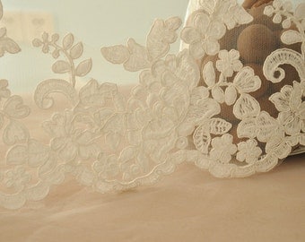 bridal alencon lace trim, scalloped flroal embroidery lace trim in ivory