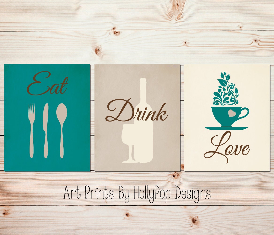  Teal  Kitchen  decor  Modern kitchen  art  set Kitchen  wall  prints