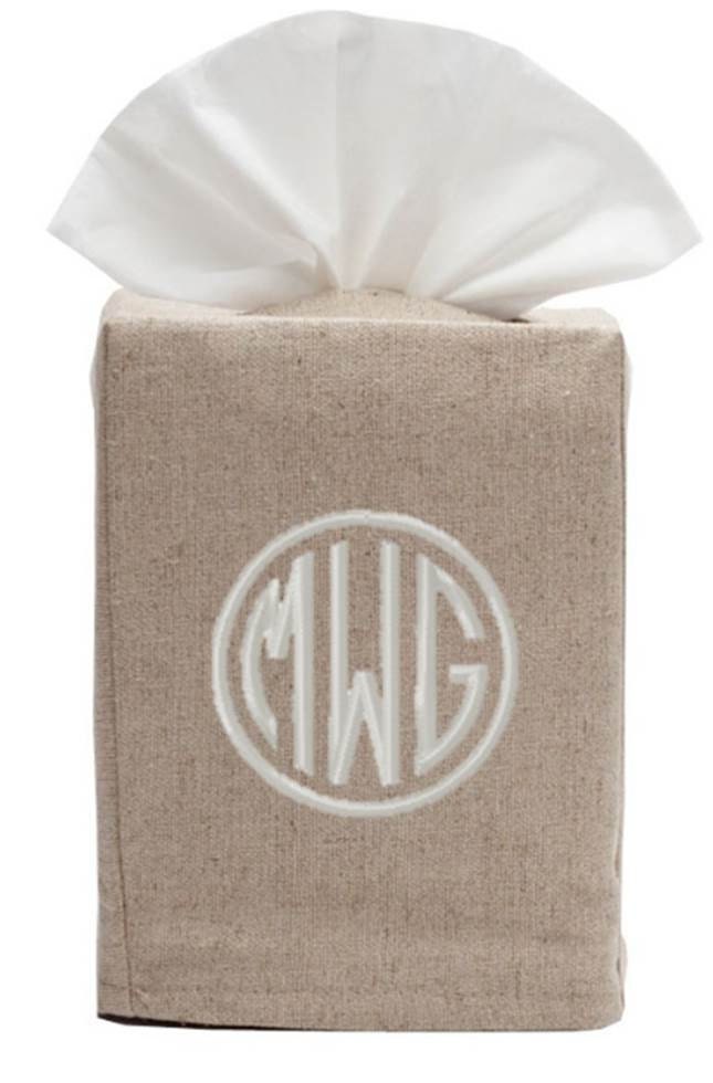 Monogrammed Tissue Box Cover Linen White Natural Bath Monogram