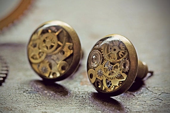 Steampunk Earrings Stud Clockwork Watch Part Studs Tiny Swiss Watch Cogs Gears Bronze Steam Punk Cyberpunk Costume Clock Eco Friendly Resin by TheCreakingDoor steampunk buy now online