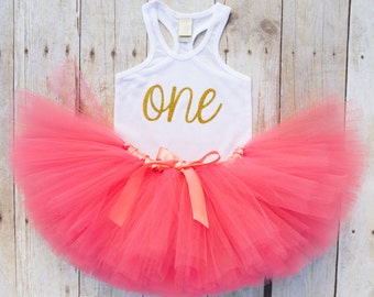 One Year Old Girl Birthday Outfit...First Birthday Girl Outfit...Tutu and Tank Top Set...Coral and Gold 1st Birthday Outfit...Baby Girl 1st