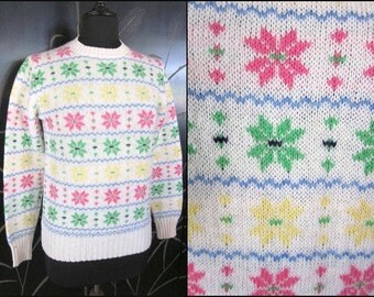 50s Floral Sweater / fits S / Lady Clansman Sweater / Scottish Shetland Sweater / Snowlfake Sweater