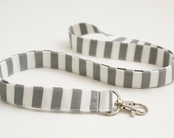 Gray and White Striped Fabric Lanyard with Swivel Clasp - Cute Lanyard - Nurse or Teacher Lanyard - 3/4 Inch Wide Key Strap - 19.5 Inch Drop