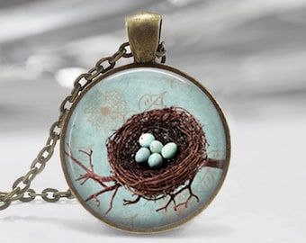 Bird Nest Springtime Glass Photo Pendant Necklace or Key Chain Blue Eggs Spring Jewelry